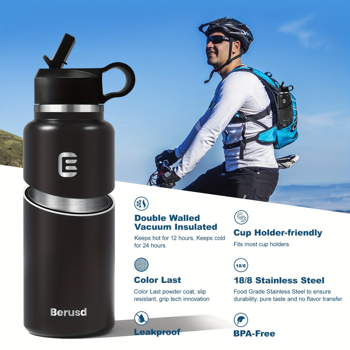 Berusd Insulated Sports Water Bottle - Stainless Steel